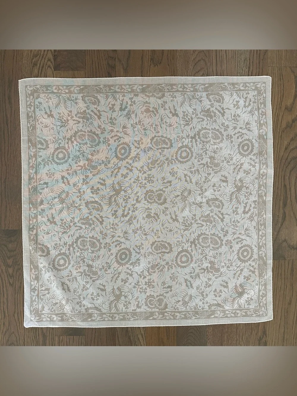 Vintage Cotton Voile Floral and Paisley Print Scarf in White and Tan 26.5" sq - Picture 8 of 8